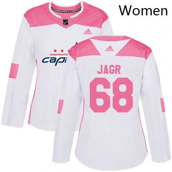 Womens Adidas Washington Capitals 68 Jaromir Jagr Authentic WhitePink Fashion NHL Jersey